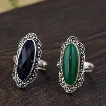 

FNJ 925 Silver Black Ring Fashion Green Chalcedony Original S925 Sterling Thai Silver Rings for Women Jewelry Adjustable Size
