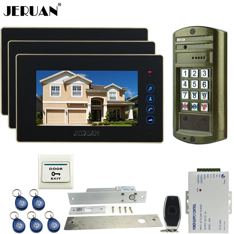 

JERUAN 7 inch Video Door Phone Intercom System kit 3 TOUCH KEY Monitor+Metal Waterproof HD Mini Camera+ELectric Drop Bolt locK