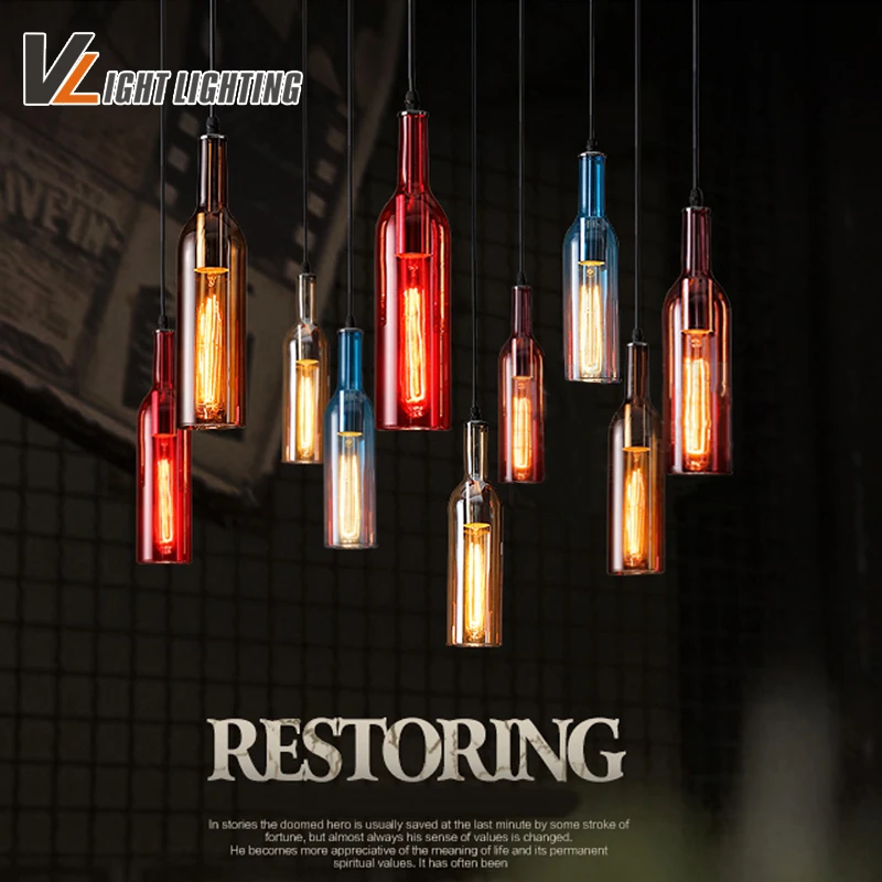 Us 22 5 50 Off Vintage Industrial Loft Colorful Red Wine Bottle Glass Ceiling Light Novelty Restaurant Cafe Bar Hanging Lamps Hotel Wine Bottle In