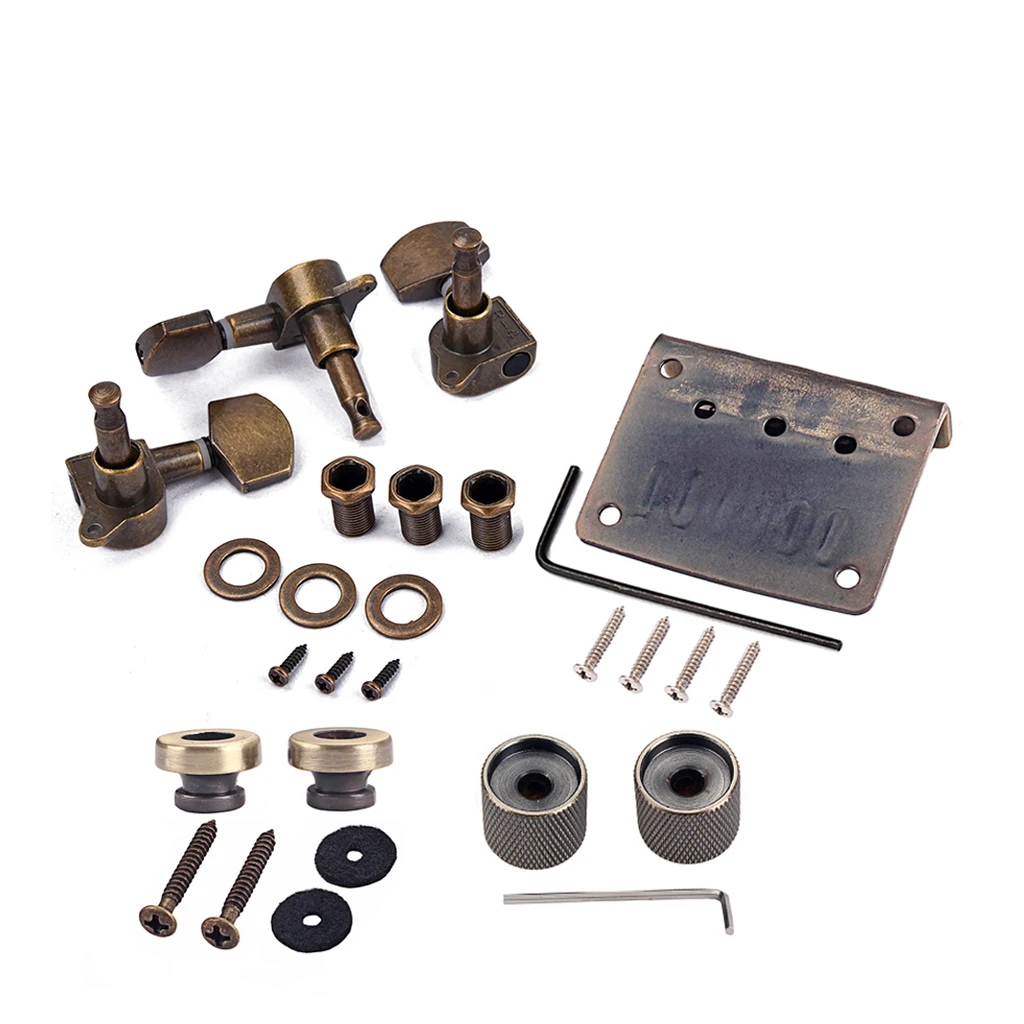 

Combo Kits Bronze Saddle Bridge Tuning Pegs Control Knobs Strap Locks Wrenches Screws Washers for 3 String Cigar Box Guitar