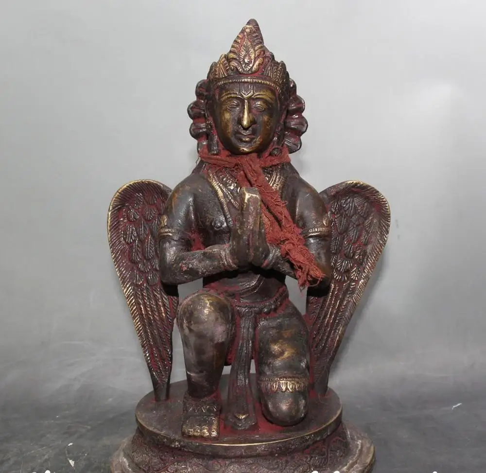 

10" Old Red Copper Redpoll Winged Garuda Eagle Protector Deity Buddha Statue