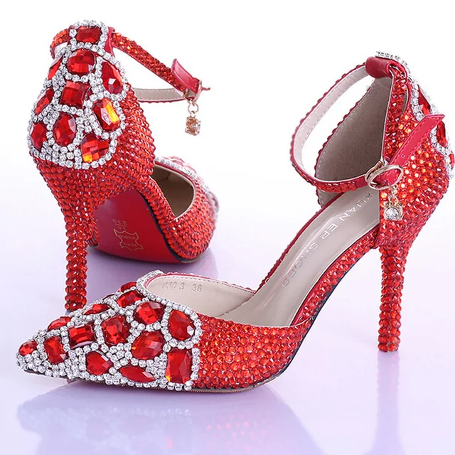 Pointed Toe Bridal High Heel Shoes Red Rhinestone Crystal
