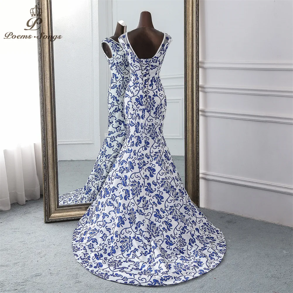 Poems Songs China evening dress blue flower elegant party dress mermaid dress evening gown robe longue soiree