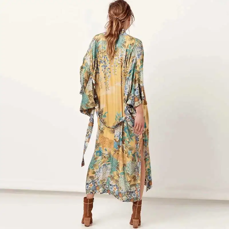 

Boho Kimono style Cardigan Ladies 2019 Summer Long Loose floral print tops Side slits sashes wrap Blouse shirt each holiday wear