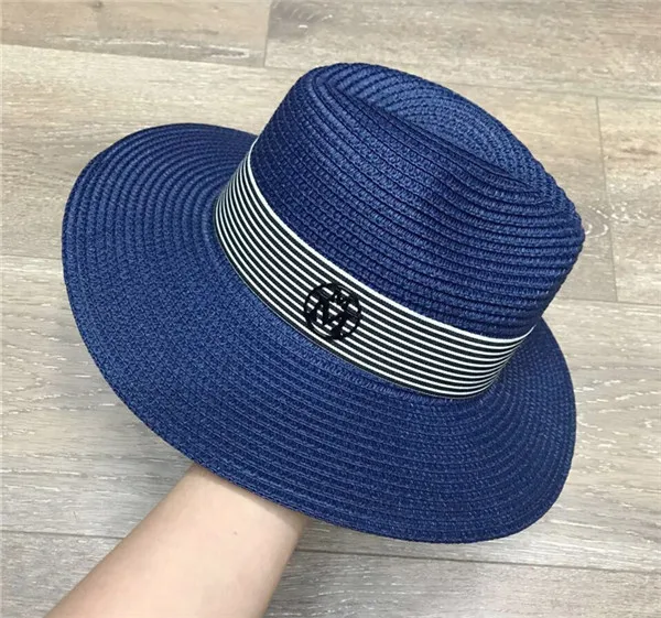 Новинка, женская летняя Соломенная пляжная шляпа от солнца, Женская джазовая соломенная шляпа с буквой М и поясом, анти-УФ солнечные шапки для мужчин и женщин, Повседневная Панама - Цвет: navy blue