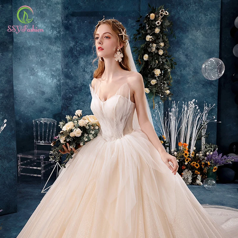 SSYFashion Новое роскошное свадебное платье цвета шампань невесты романтическое элегантное с v-образным вырезом со шлейфом бисерные Свадебные платья Vestidos De Novia