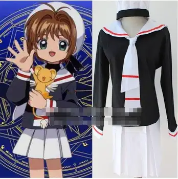 

Free Shipping Cardcaptor Sakura Anime Cosplay Costume Salior Uniform Full Set tops+skirt+tie+hat