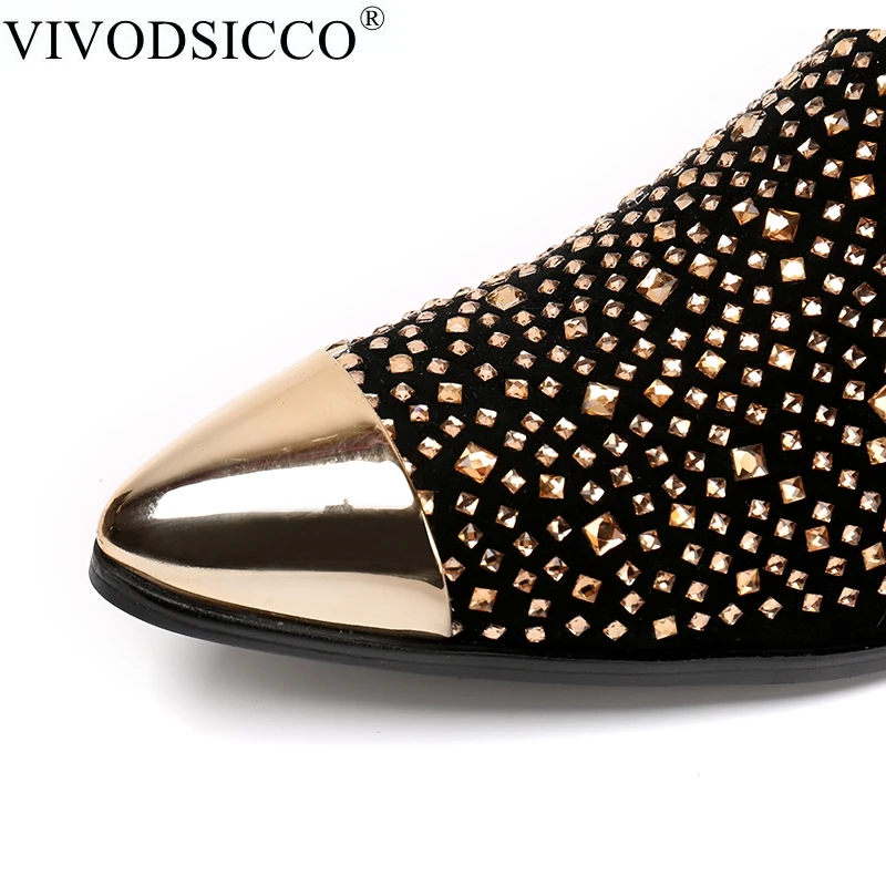 VIVODSICCO/Новые мужские лоферы; роскошные мужские тапочки со стразами и металлическими носками; модельная обувь для курения; мужская обувь на плоской подошве; обувь для вождения со стразами