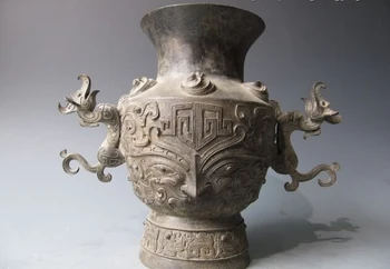 

USPS to USA S0474 10"Tibet Pure Bronze Copper a beast in face kettle Pot Vase