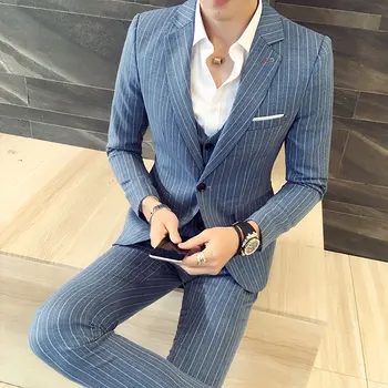 

(Blazer+Pants+Vest) Classic Men Formal Business Suit Slim Royal Blue Wedding Groom Wear Male Suit Black Gentlemen Costume M-5XL