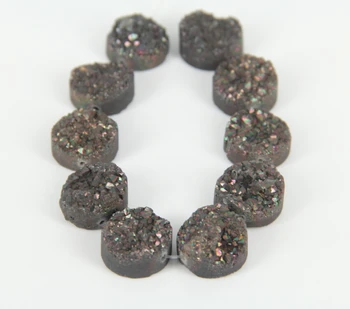 

10pcs&20mm Natural Titanium Gun Black Achate Druzy Loose Beads Slab Pendants,Raw Drusy Quartz Stone Drilled Round Necklace Bulk