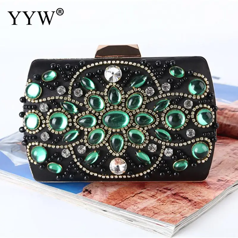 

Green Rhinestones Clutch Women Handbag Satin Bag With Chain Shoulder Bags Elegant Wedding Clutches Purse Female Black Wallets