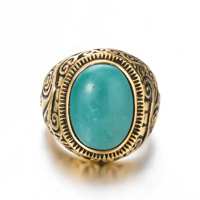 Мужское женское кольцо из натуральной овальной бирюзы, черный оникс, лунный камень, серебро, золото, нержавеющая сталь, подарок, ювелирные изделия размера плюс 8-15 - Цвет основного камня: Gold Turquoise