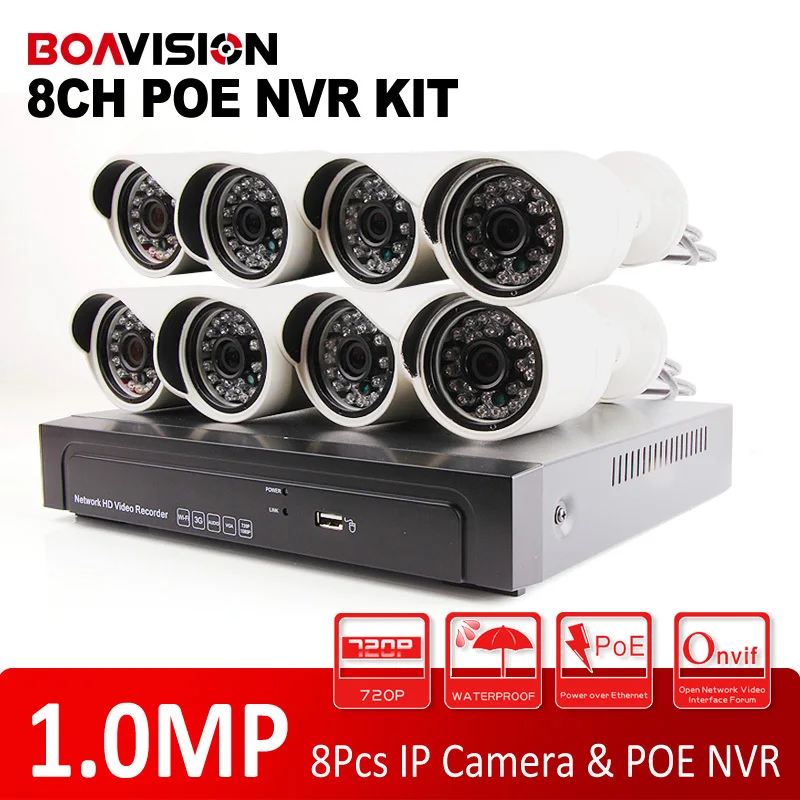 8CH PoE Switch NVR Video Surveillance Kit Motion Detection Video Recording H.264 Onvif 720P 1.0MP HD 24 IR Outdoor IP POE Camera
