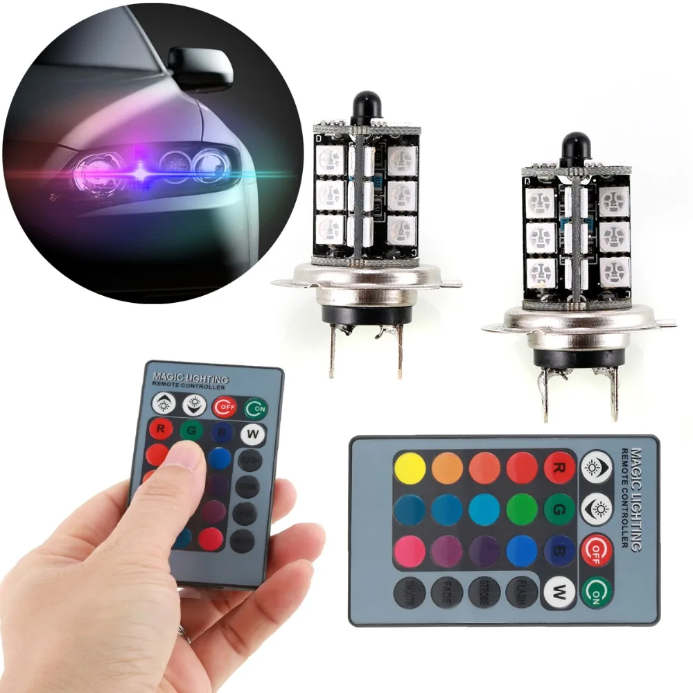 

2pcs H7 Car RGB LED Fog Tail Light Lamp Bulb light front fog light running light with Remote Controller for rear lamp taillight
