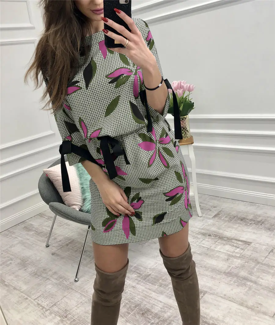 Gladiolus Floral Print Women Autumn Dress 2018 O-Neck 34 Sleeve Belt Tunic Fashion Chiffon Dress Women Casual Mini Dresses 2XL (31)