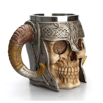

High Quality Stainless Steel Skull Coffee Drinking Cup Resin 3D Skull Tankard for Halloween Bar Party Horror Decor AA