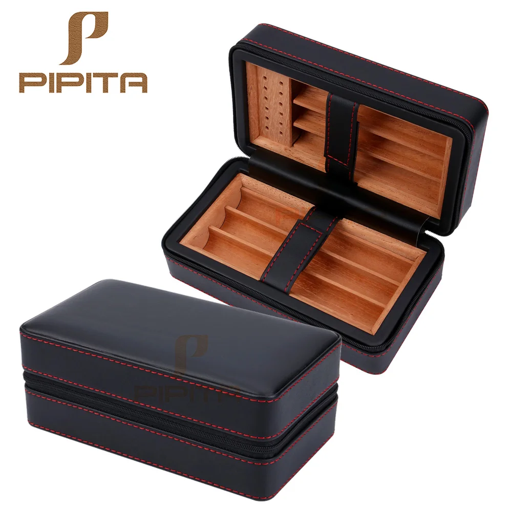 Portable Cedar Cigar Wood Travel Cigar Humidor Leather with Humidifier Storage Box with Humidifier Hold Case for 6 Cigars