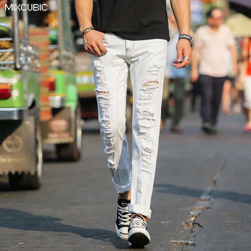 MIXCUBIC Punk style scratched hole jeans men casual loose washing