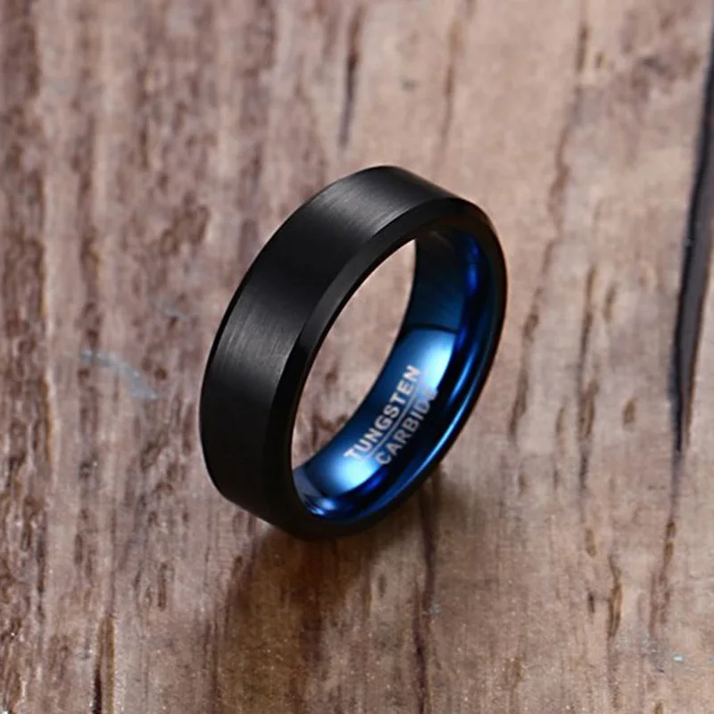 Pánské svatební černé wolframové prsteny 6 mm matné provedení zkosené leštěné hrany modrá Comfort Fit pánské šperky s dárkovou krabicí velikosti 7-12