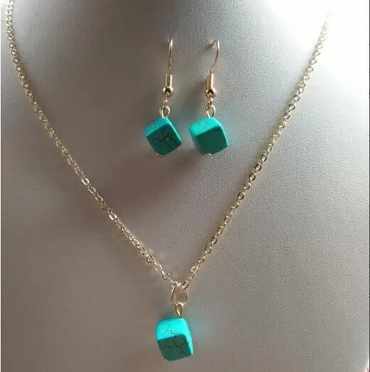 n365 2018 hot sale Vintage Bohemian national wind Blue stone geometric square necklace + earring jewelry set | Украшения и