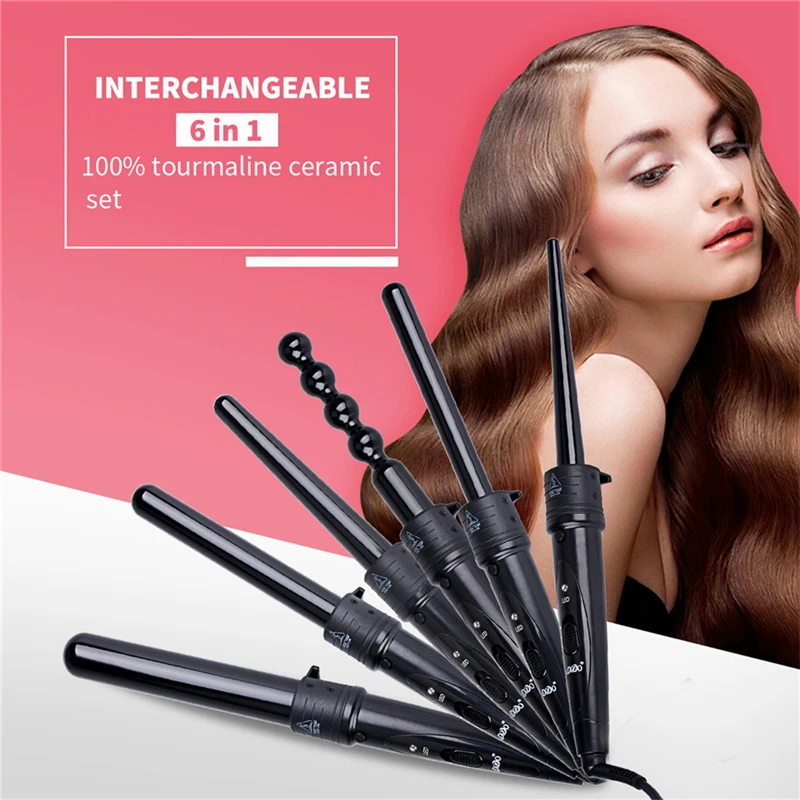 

6-In-1 Hair Curler Interchangeable Tourmaline Ceramic Hair Curling Iron Multifunctional Hair Curler Set 100-240V Professional 30