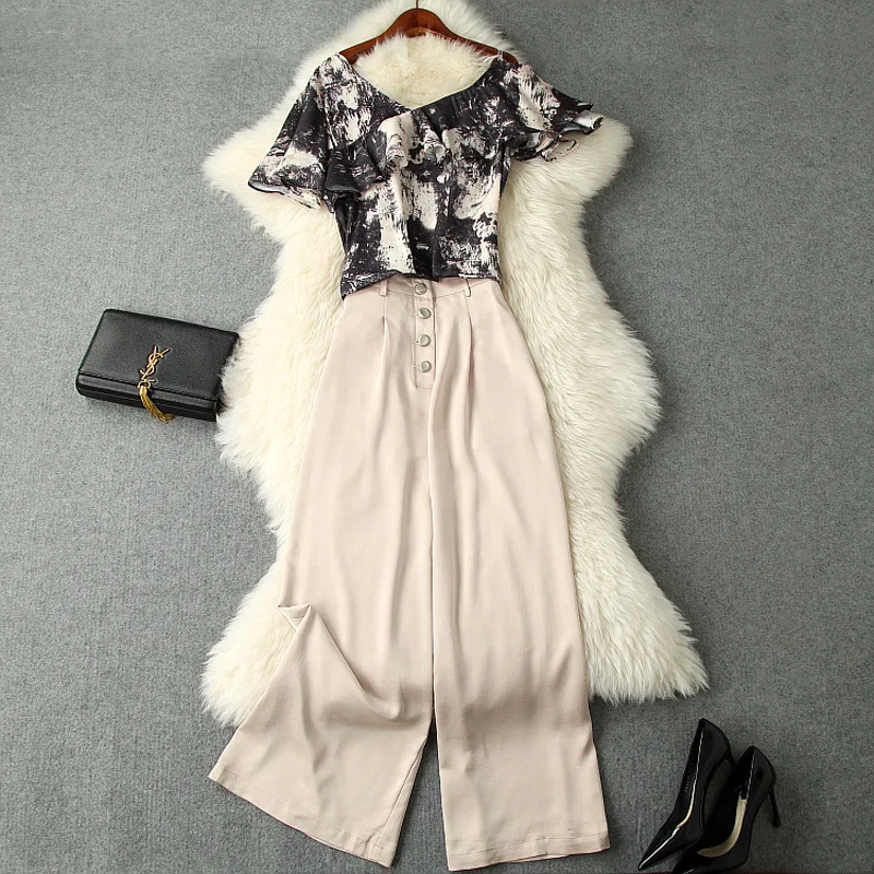 Mode Kantoor Dame Zomer V-hals Ruches Gedrukt Cropped Chiffon Shirt Crop Top En Lange Broek Broek Pak 2 Stuk set Vrouwen Mode Kantoor Dame Zomer V-hals Ruches Gedrukt Cropped Chiffon Shirt Crop Top En Lange Broek Broek Pak 2 Stuk set Vrouwen