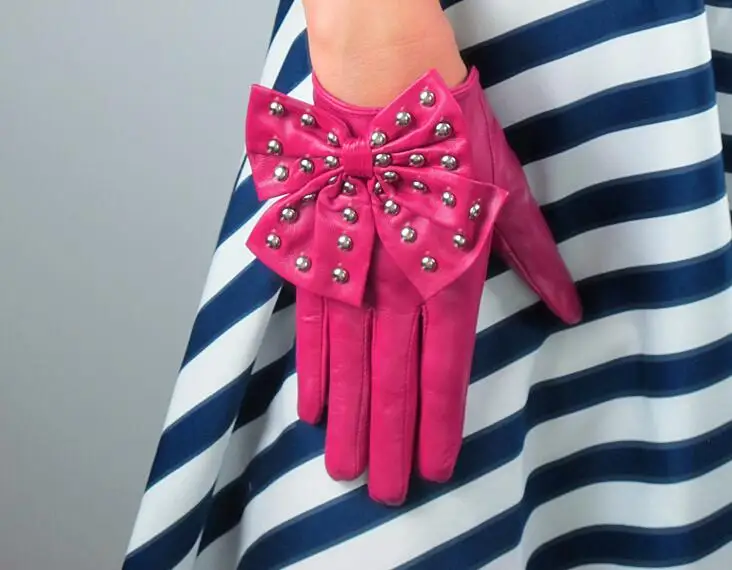Women'a модная Натуральная овечья кожа большой бант перчатка в заклепках для девочек натуральная кожа винтажные розовые перчатки для вождения R609
