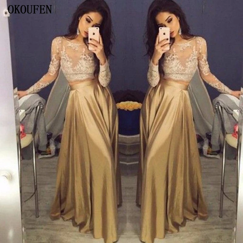 

2019 Two Pieces Prom Dresses Gold Lace Illusion Long Sleeves Wedding Party Gowns vestidos de fiesta largos elegantes gala jurken