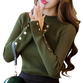 

2019 New Autumn Winter Women Sweater Elegant Button Knitted Pullover Female Casual Fashion Slim Long Sleeve Femme Sueter W91