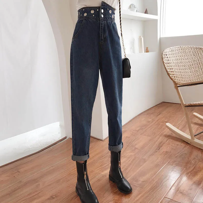 NORMOV осень зима женские повседневные джинсы с высокой талией свободные винтажные уличные штаны-шаровары с карманами и пуговицами хлопковые джинсы - Цвет: blue