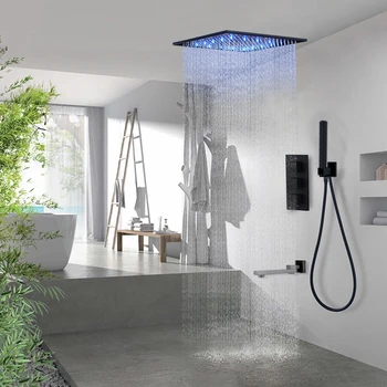 

Luxury Black Bronze LED 16 Inch Shower Head 3-Function Switch Wall Mount Thermostatic Shower Faucet With Hand Shower And Spout