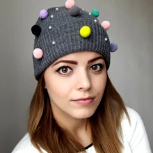 Зимняя женская шапка мяч ярких цветов, шапка для девочки, вязаные шапки бини, шапка, шапка, толстые женские Skullies, детские вязаные шапки, Bonnet femme
