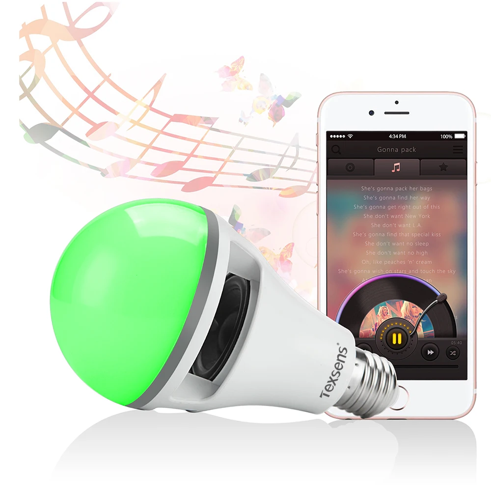 Texsens Smart RGB LED Музыка приложение свет 10 Вт лампа E27 беспроводной Bluetooth динамик