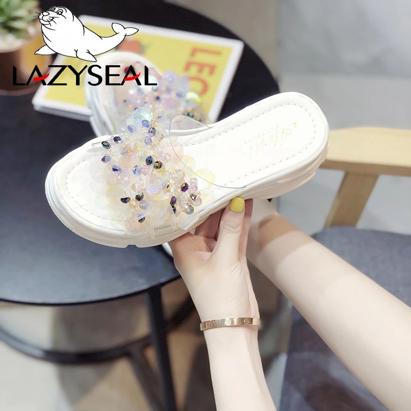 LazySeal Transparent Bling Platform Slippers Women New Summer Shoes With Crystal Diamonds Wedge Ladies Flip Flops Woman Slides