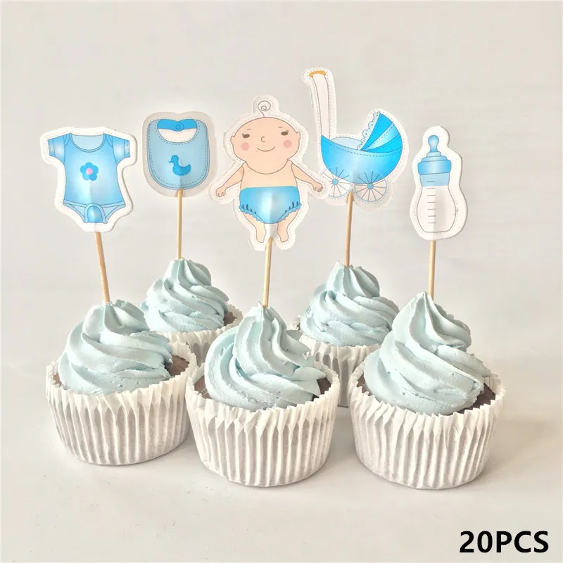 12 Вт/18/20 штук Baby Shower для капкейка-для мальчиков и девочек для крещения синего цвета День рождения украшения для детей торжественное мероприятие вечерние поставки - Цвет: 20pcs baby blue