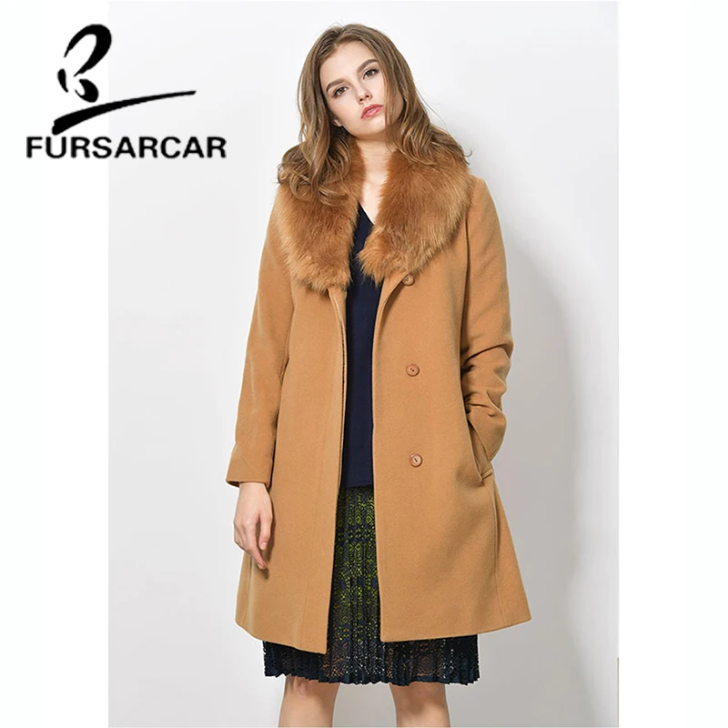 FURSARCAR, Новое поступление, натуральное меховое пальто для женщин, Зимняя шерстяная кожаная куртка, высококачественное меховое пальто с воротником из лисьего меха, горячая распродажа