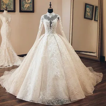 شراءمخصص الكرة ثوب رقيق كبير قطار عالية الرقبة كم طويل الرباط كريستال مطرز فاخر الزفاف فساتين الزفاف أثواب SA12