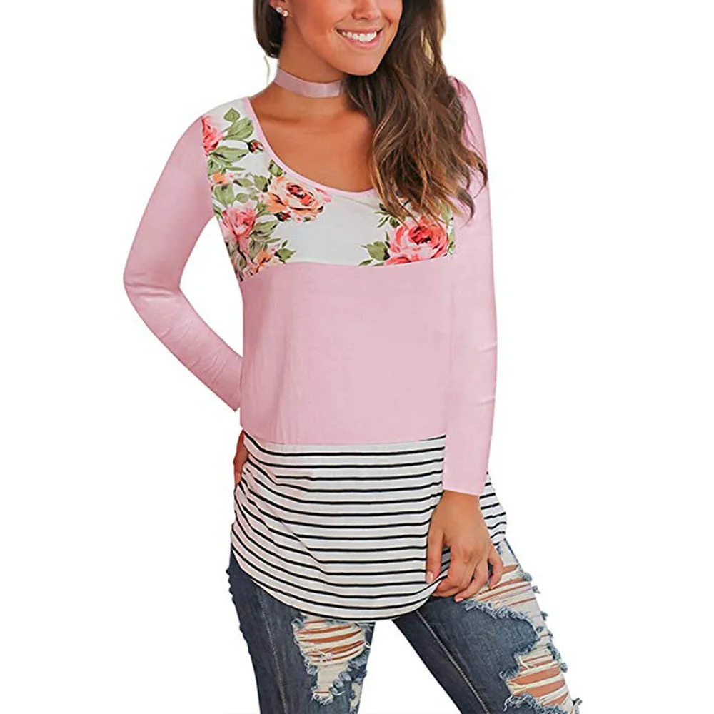 Feitong Women Long Sleeve O Neck T Shirt Floral Printed Striped Patchwork Tops tshirt 2019 Hot