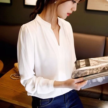 New Casual White Women Blouse Ladies Solid Elegant V-neck Blouses Long Sleeve OL Office Shirt Plus Size