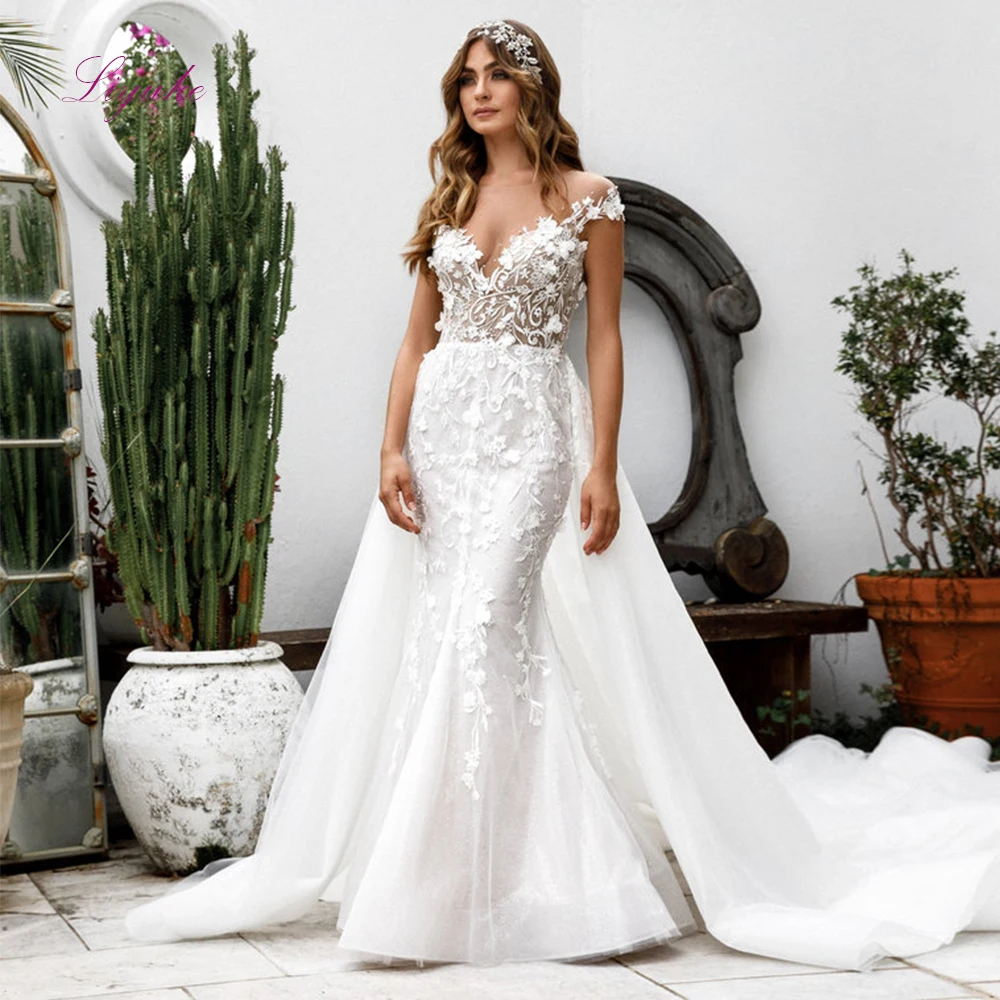 Liyuke 2019 Getrouwd Trouwjurk Mermaid Kant Applicaties Kapmouwtjes Detechable Trein Rok Aangepaste Liyuke 2019 Getrouwd Trouwjurk Mermaid Kant Applicaties Kapmouwtjes Detechable Trein Rok Aangepaste