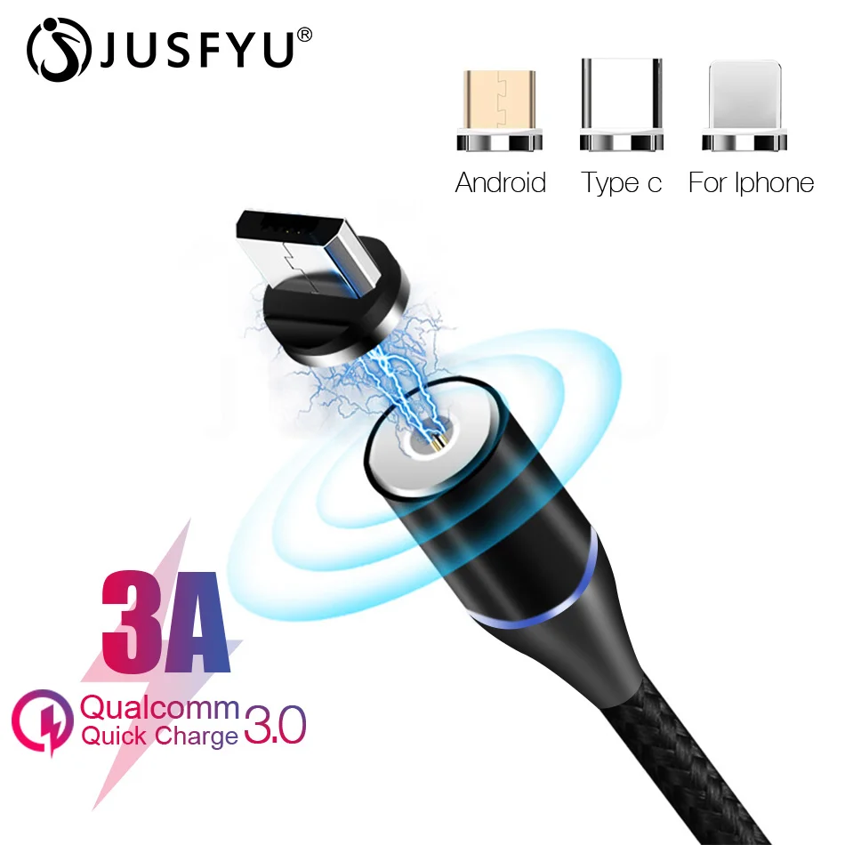

JUSFYU 3A Fast Magnetic Cable For iPhone XS Max X Micro USB Quick Charger Type C Magnet Android Cord Phone Cable For Samsung S10