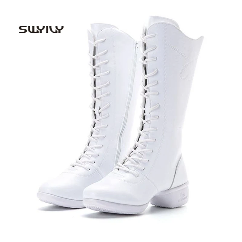 SWYIVY Women Modern Dance Shoes Genuine Leather Dance Sneakers 2018 New Autumn Lace-up High Boots Soft Women Square Dance Shoes