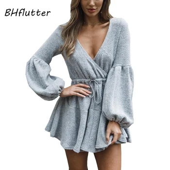 

BHflutter Women Knitted Dress Lantern Sleeve High Waist Vintage Winter Dress Ladies Casual V neck A line Short Sweater Dresses