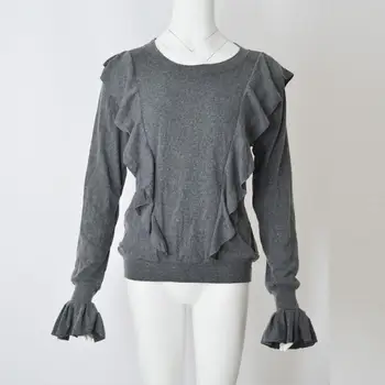 

Elegant Women Winter Ruffled Flare Sleeve O-Neck Sweater Solid Color Jumper