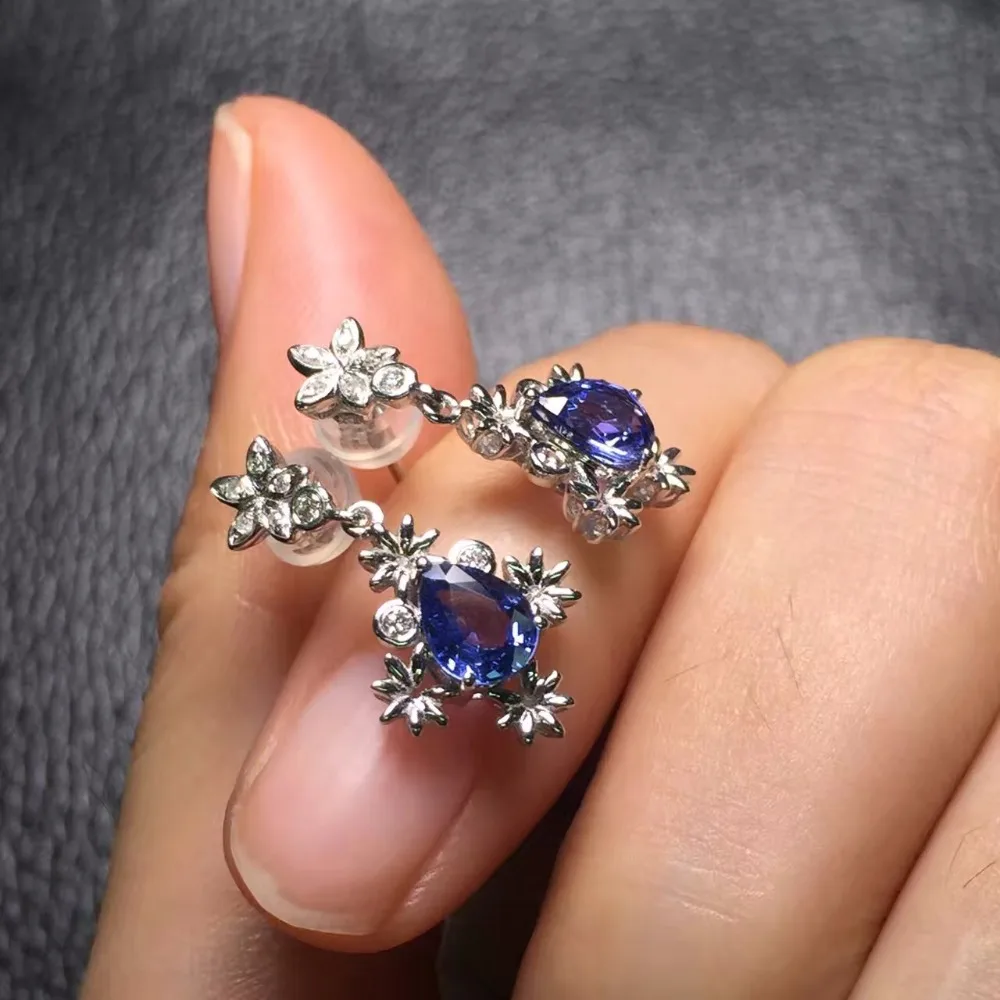 Fine Jewelry коллекция настоящее 18 К белого золота AU750 100% натуральный bluetootanite драгоценные камни Танзании происхождения серьги гвоздики для