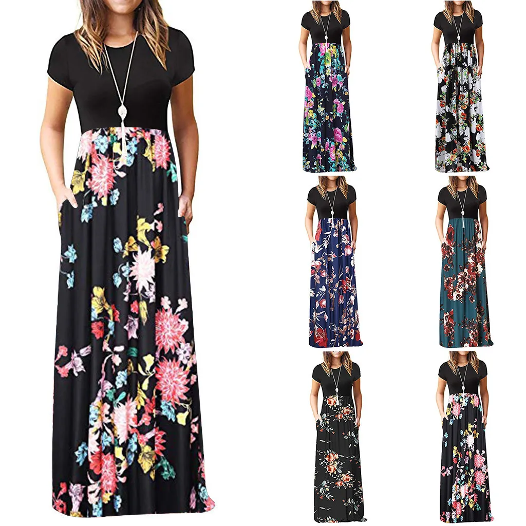

Women's Dresses Casual Sleeve O-neck Print Maxi Tank Long Women Dress #30