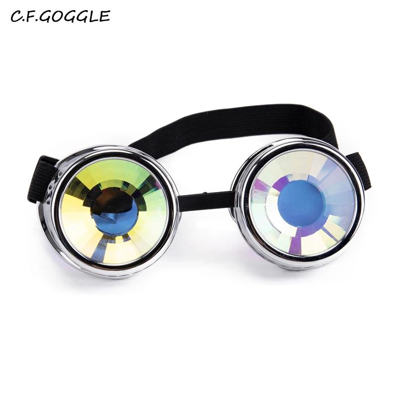C.F.GOGGLE 2019 New Retro Gothic Welding Steampunk Round Silver Frame Kaleidoscope Lens Windproof Goggles Adult Cosplay Party