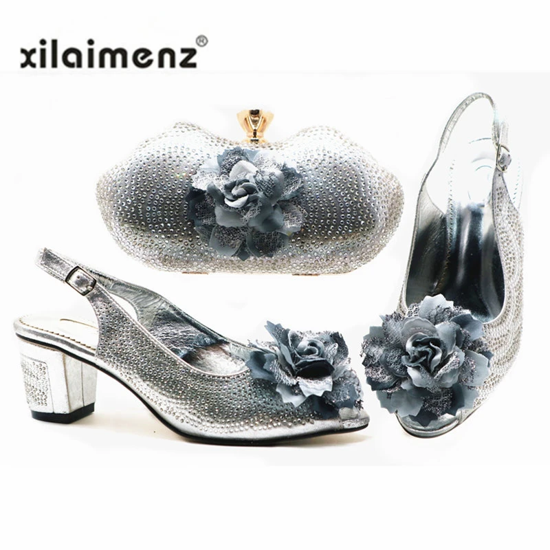 

New Arrival Italian Design Shoes and Bags Matching Set Decorated with Rhinestone African Fashion Sandals Shoes with Bag Silver