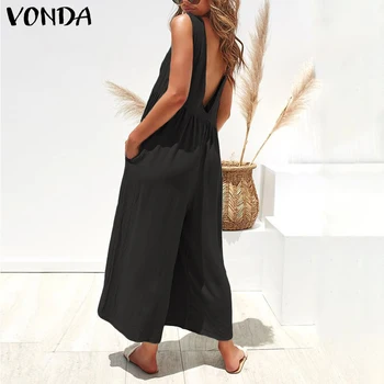

VONDA Summer Rompers Women Backless Jumpsuits 2020 Sleeveless Playsuits Casual Overalls Ankle-Length Wide Leg Pants Plus Size